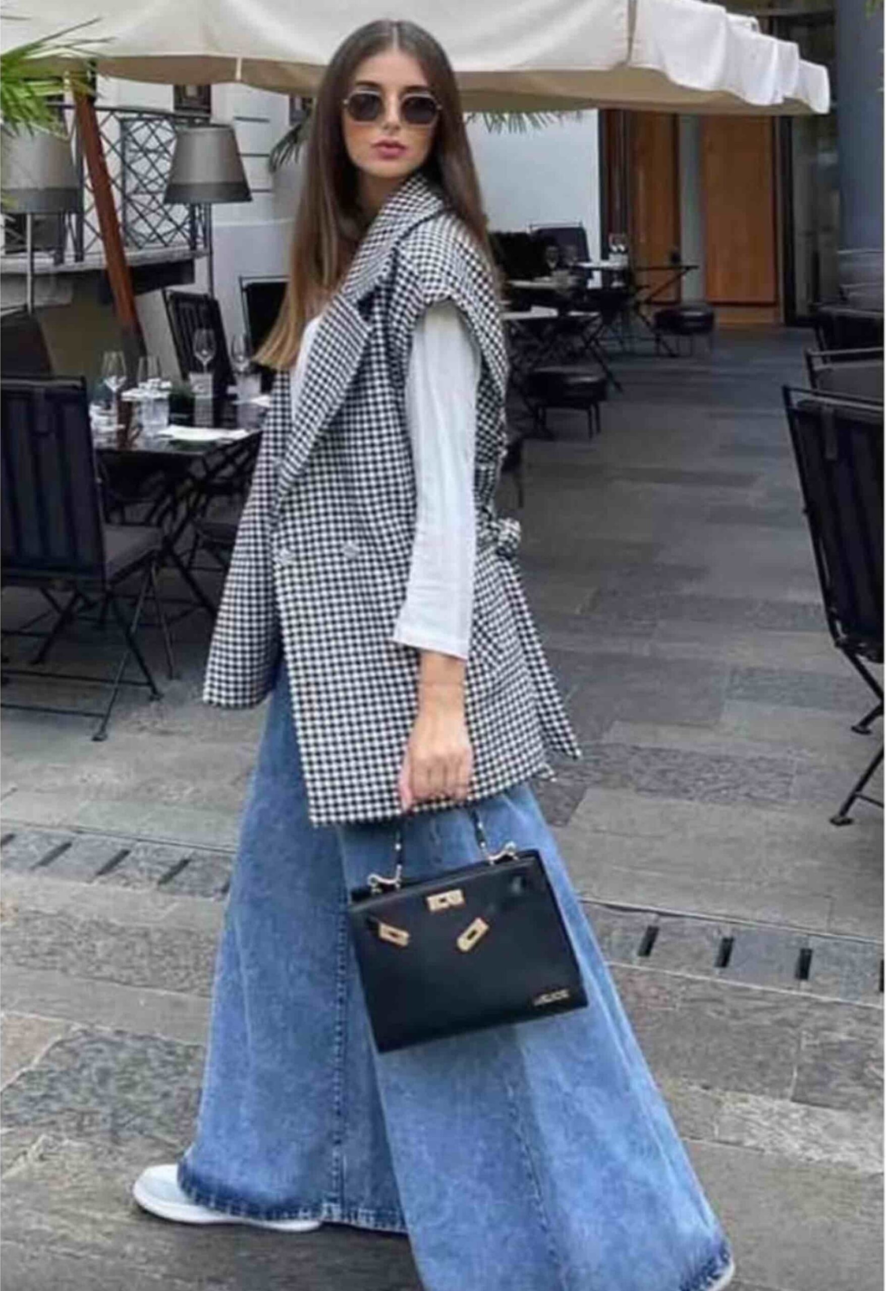 Αμάνικο καρό παλτό 100% cotton oversize με σούστα ,ζώνη και τσέπες