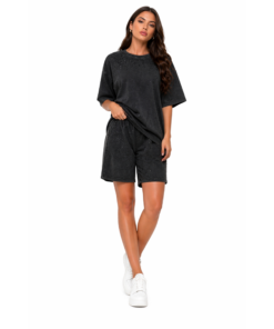Γυναικείο Oversize Μαύρο Σετ με Στρας – T-shirt & Shorts