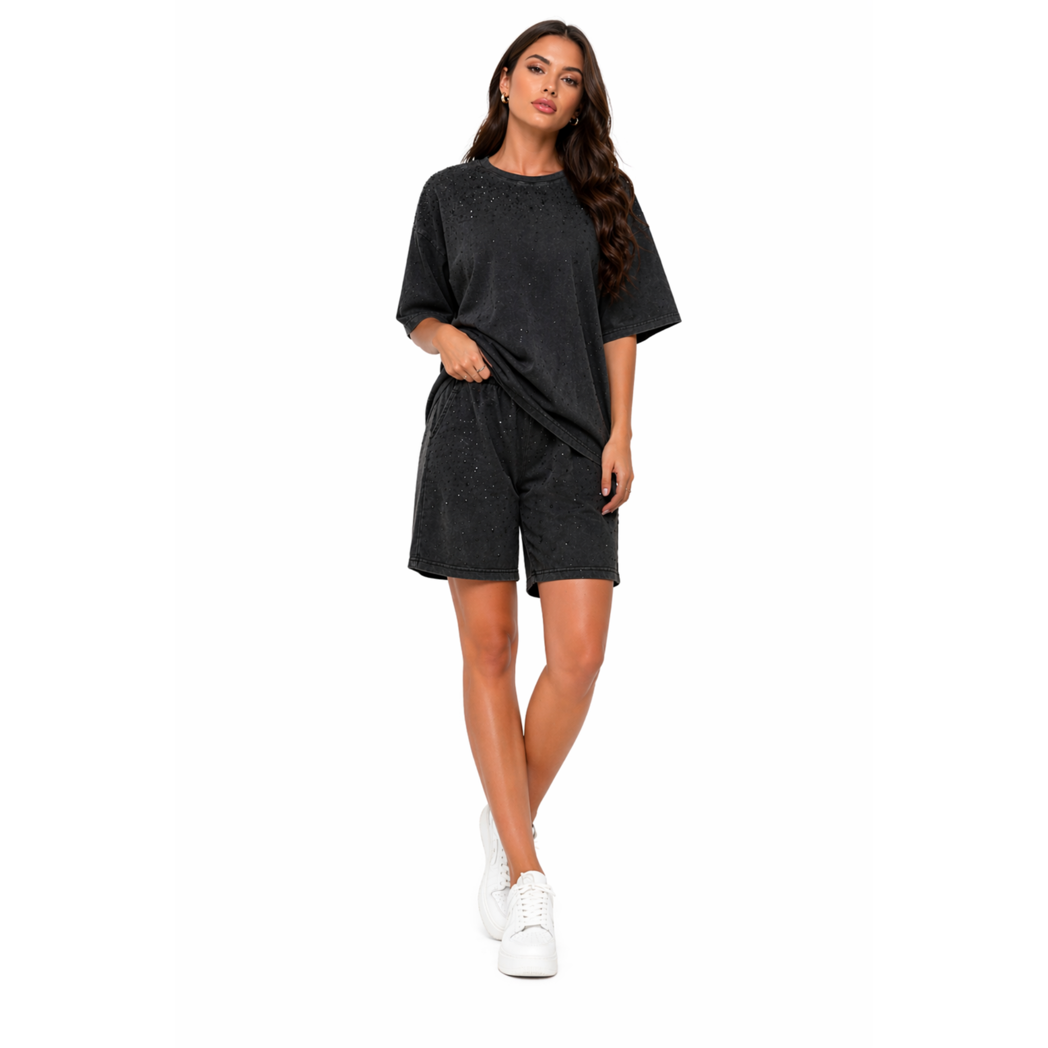 Βαμβακερό Γυναικείο Oversize Μαύρο Σετ με Στρας – T-shirt & Shorts