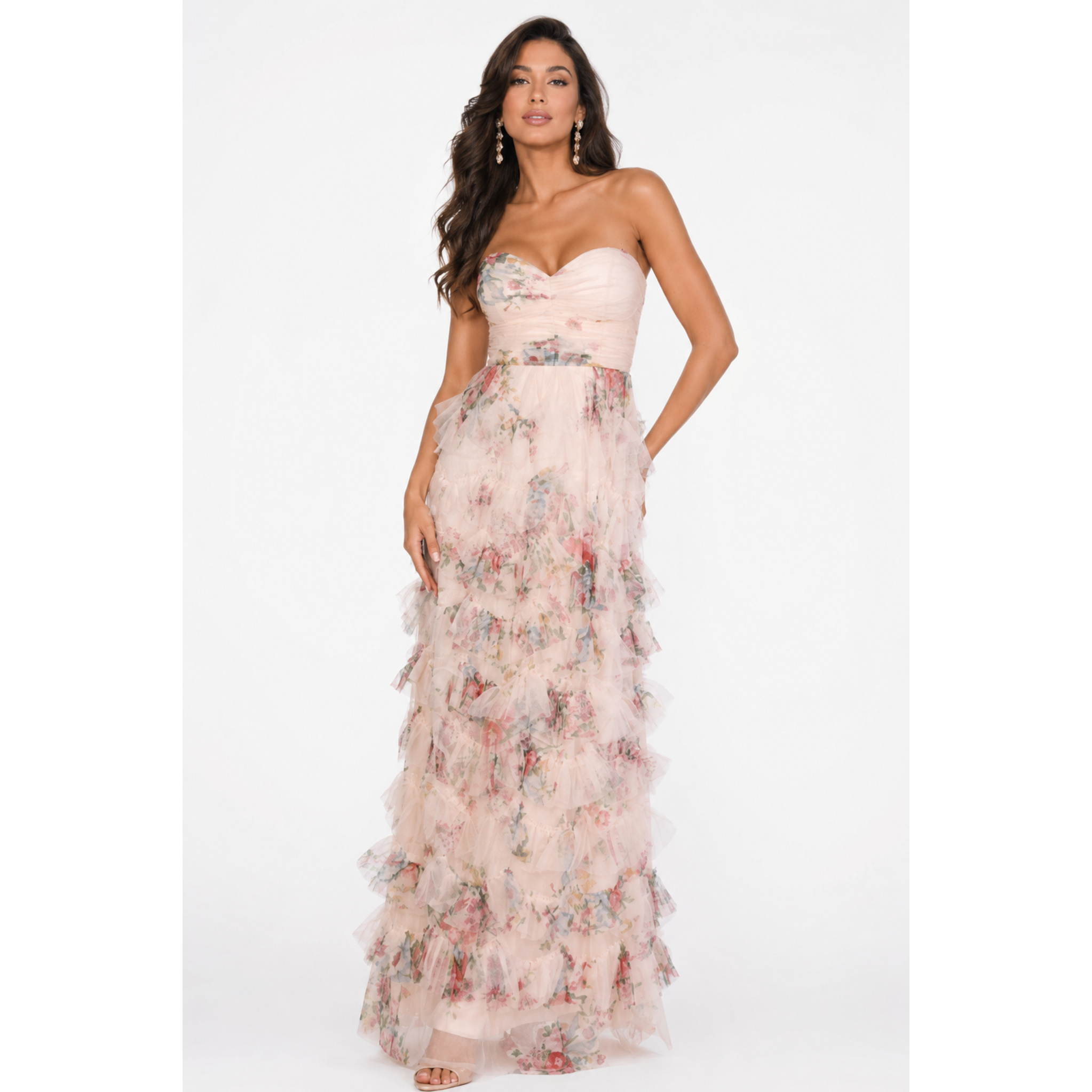 Maxi Φόρεμα Στράπλες με Floral Print & Βολάν