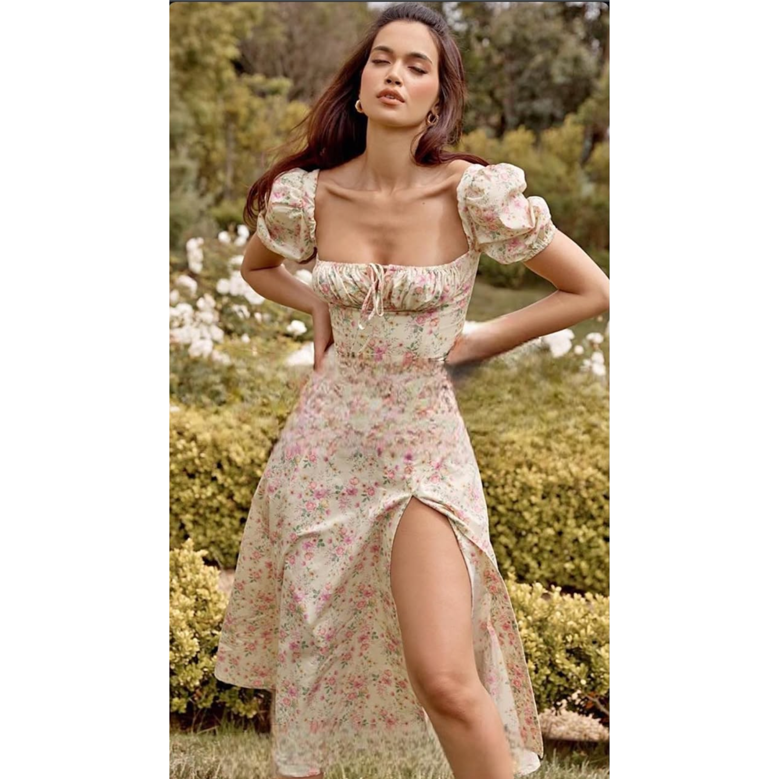 Floral Midi Φόρεμα με Puff Μανίκια & Σκίσιμο