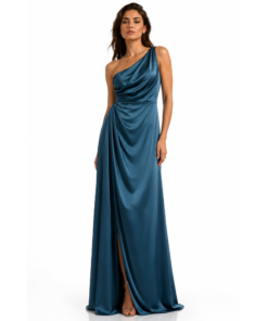 Σατέν Μάξι Φόρεμα One Shoulder με Ντραπέ Λεπτομέρειες