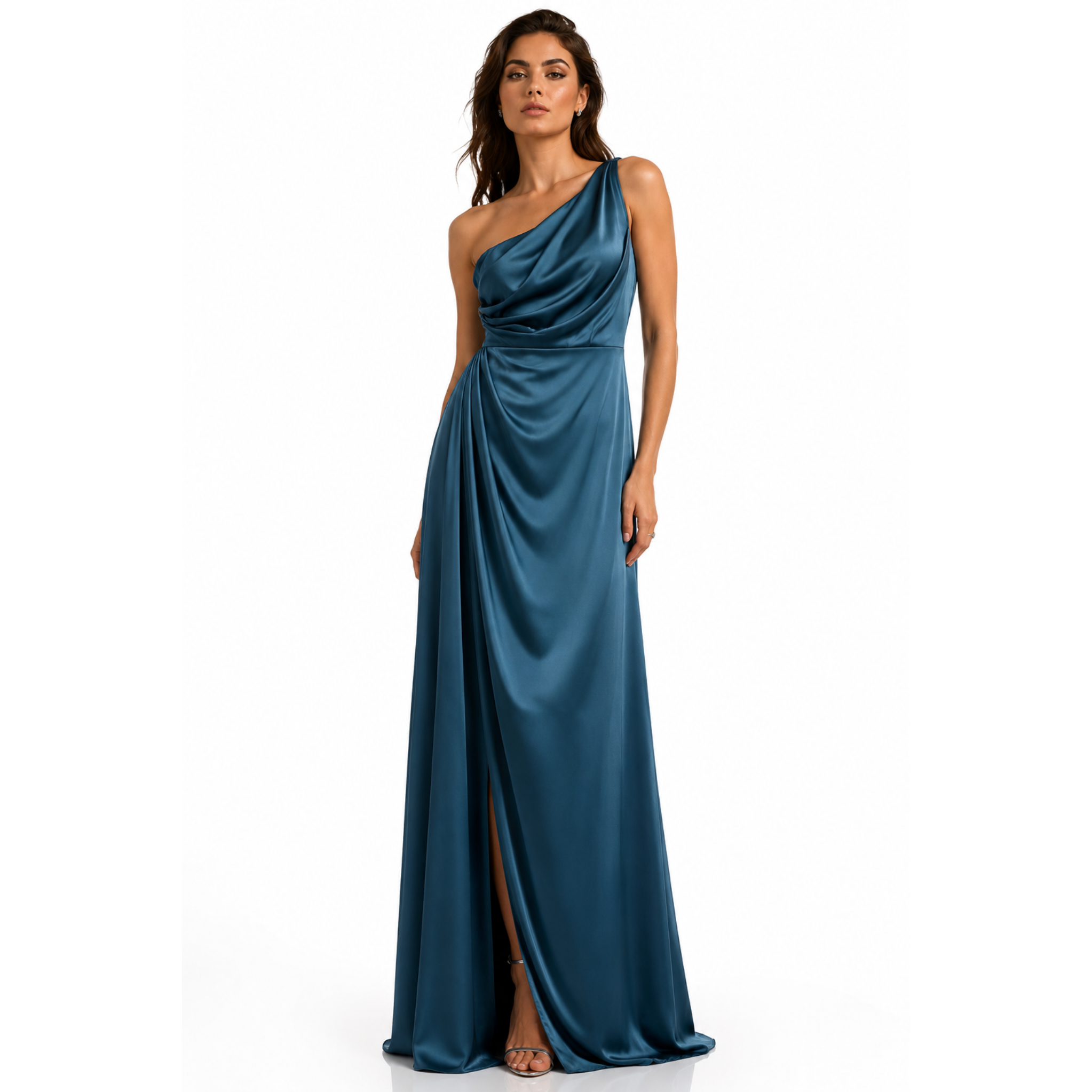 Σατέν Μάξι Φόρεμα One Shoulder με Ντραπέ Λεπτομέρειες