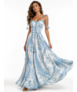 Maxi Φόρεμα με Γαλάζιο Paisley Print, Δέσιμο στους Ώμους και Ζώνη