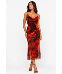 Ελαστικό Tούλινο Midi Φόρεμα με Floral Print Σε Κόκκινο