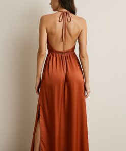 Alternative view of Φόρεμα σατέν κεραμίδι εξώπλατο και ελαφρύ άνοιγμα στο πόδι