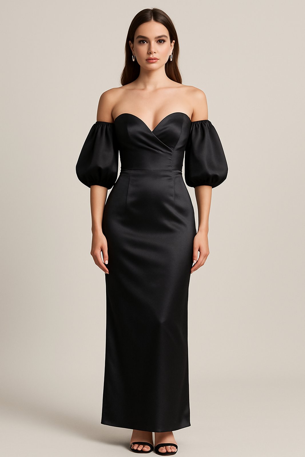 Φόρεμα maxi με σατέν υφή ανοιχτούς ώμους και φουσκωτά μανικιά - Image 2