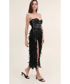 Φόρεμα  αμπιγιέ  στράπλες με πούπουλα και στρας