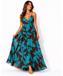 Maxi Φόρεμα Tropical Print Καφέ/Τυρκουάζ 100% Βαμβάκι