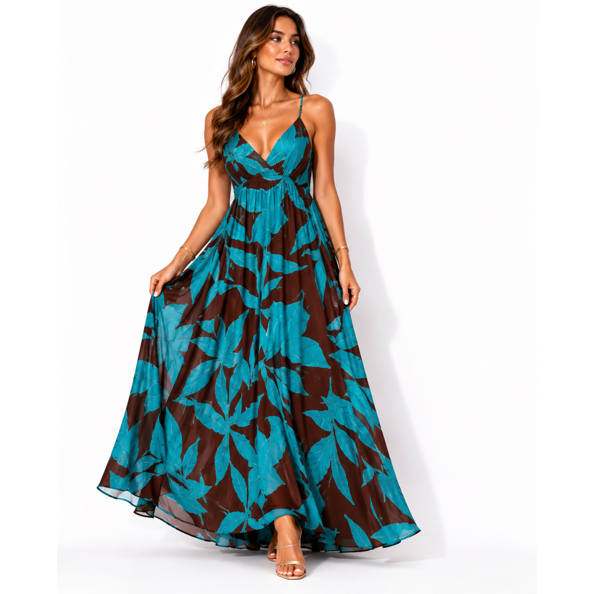 Maxi Φόρεμα Tropical Print Καφέ/Τυρκουάζ 100% Βαμβάκι