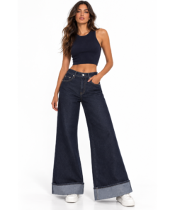 Ψηλόμεσο Wide Leg Τζιν με Ρεβέρ σε Σκούρο Denim