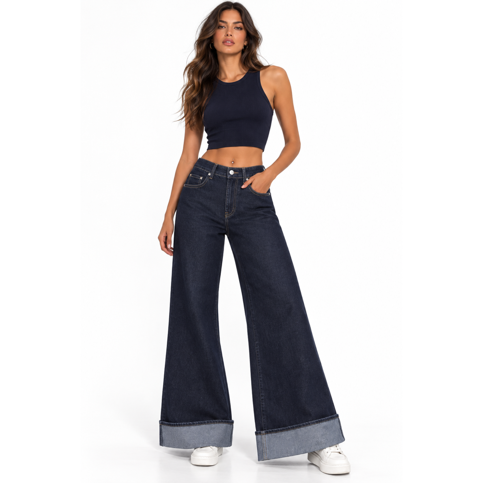 Ψηλόμεσο Wide Leg Τζιν με Ρεβέρ σε Σκούρο Denim