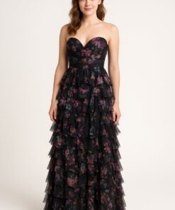 Φόρεμα στράπλες φλοράλ με τούλινες ρούφες