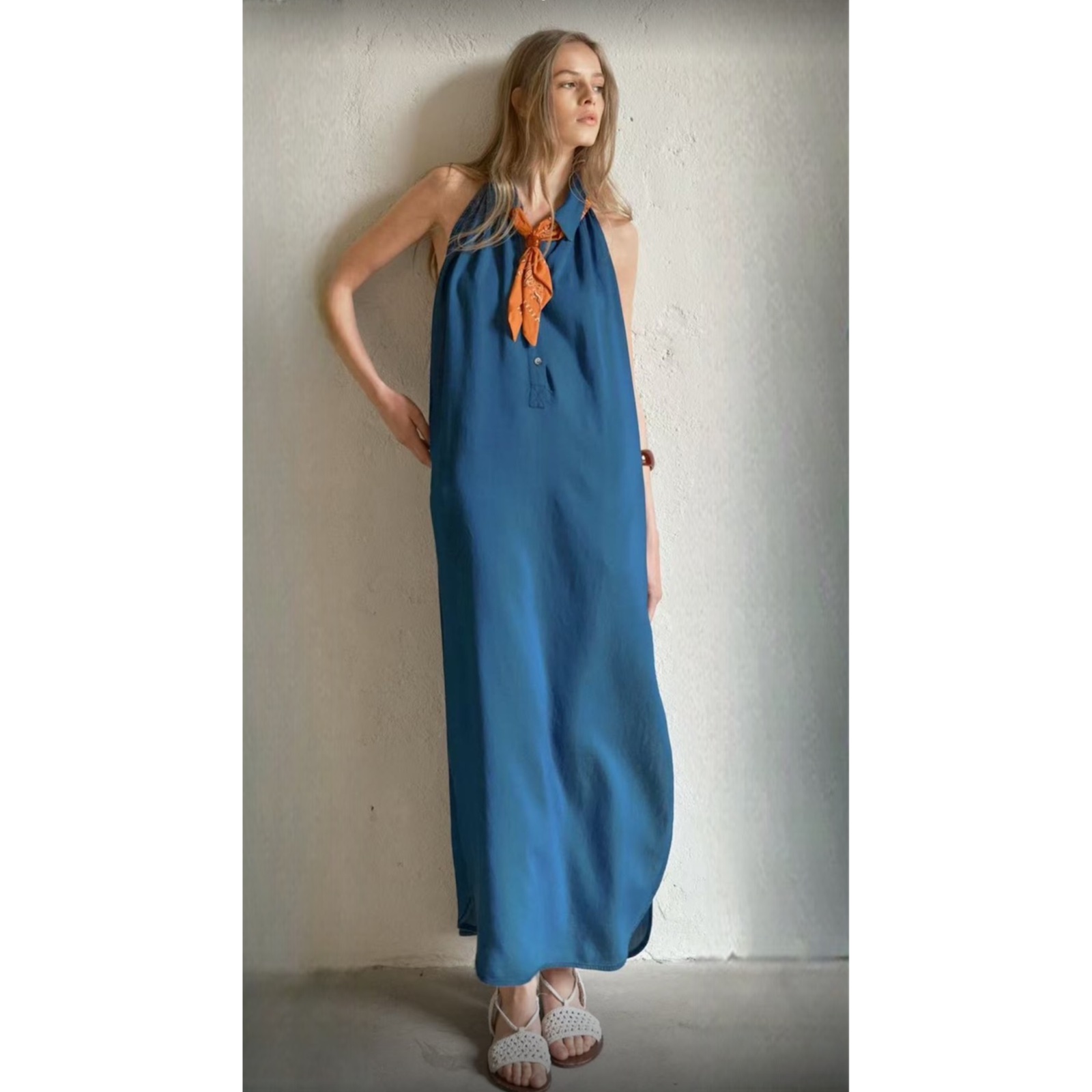 Φόρεμα ύφασμα τζιν Α γραμμή με φουλάρι