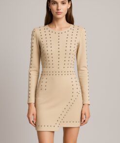 Φόρεμα μπεζ εφαρμοστό κοντό με τρουξ διακόσμηση