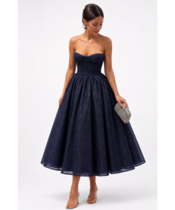 Μίντι Στράπλες Φόρεμα Navy Blue με Glitter