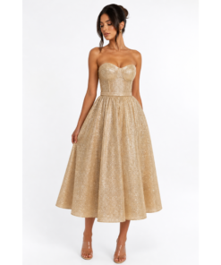 Μίντι Στράπλες Φόρεμα Champagne Gold με Glitter