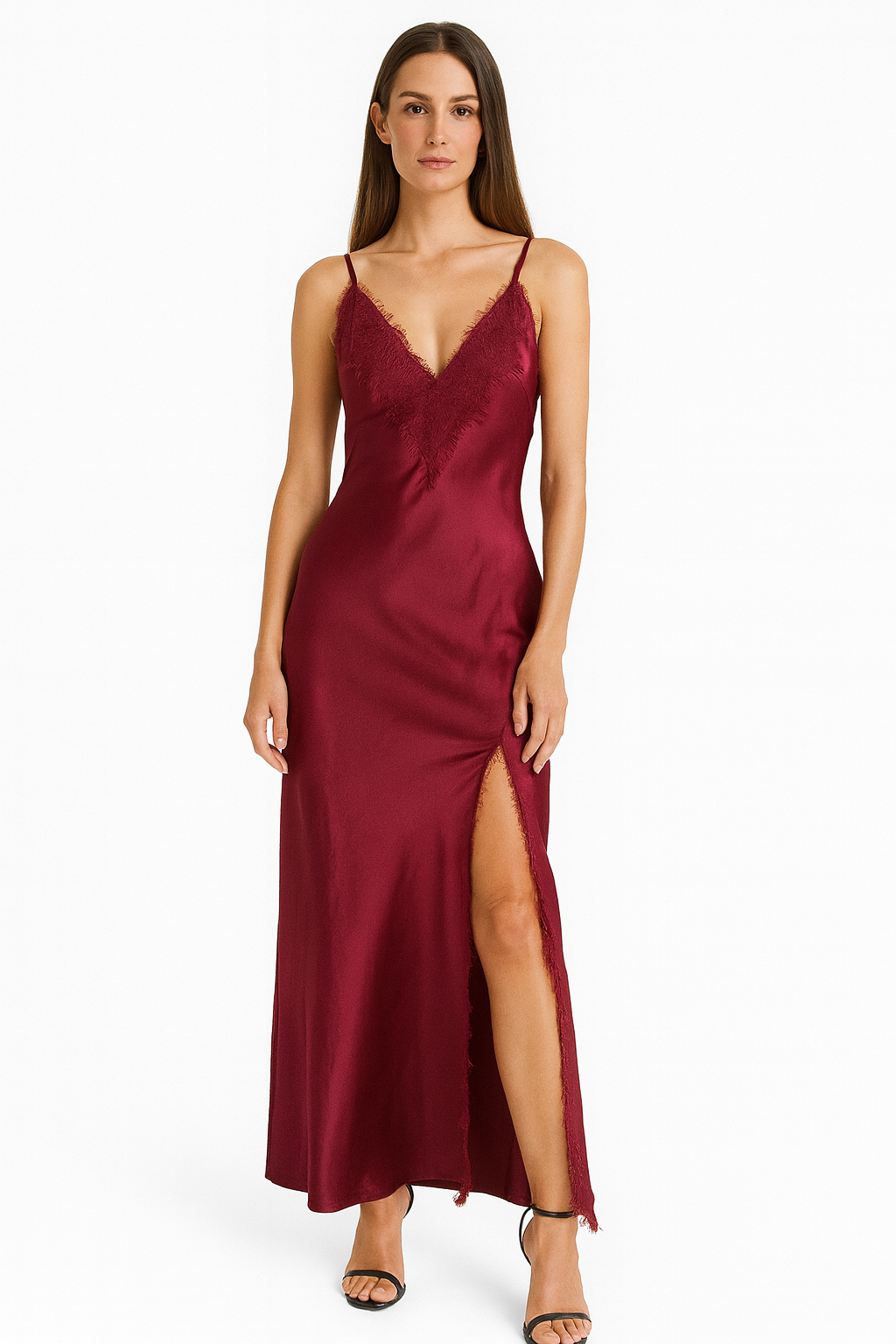 Σατέν maxi φόρεμα lingerie με διακόσμηση δαντέλας