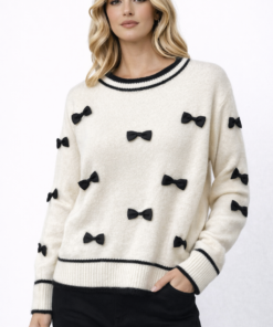 Πλεκτή Μπλούζα Εκρού με Μαύρους 3d Σατέν Φιόγκους