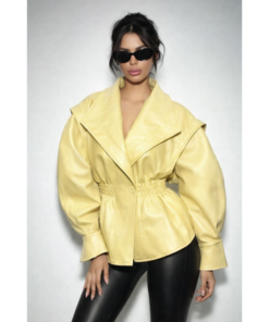 Κίτρινο Jacket Mε Yφή Δερμάτινου Kαι Ballon Μανίκια