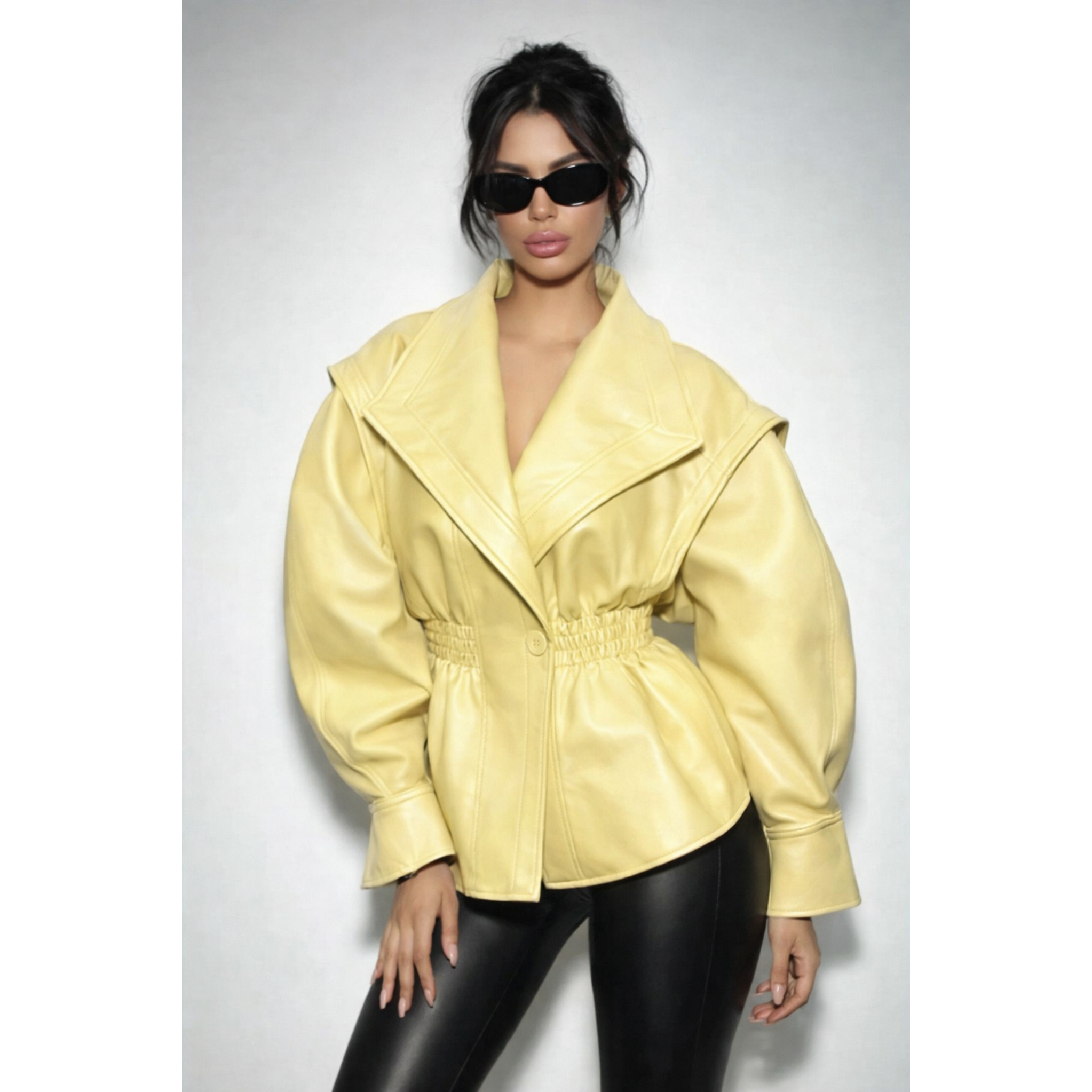 Κίτρινο Jacket Mε Yφή Δερμάτινου Kαι Ballon Μανίκια