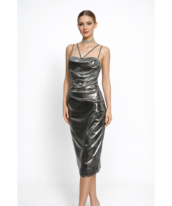Metallic Silver Midi Φόρεμα με Draped Ντεκολτέ