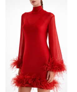 Κόκκινο Τούλινο Mini Φόρεμα με Πούπουλα