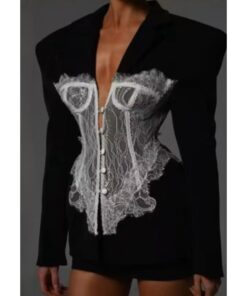 Μαύρο Σακάκι–Mini Φόρεμα με Δαντελένιο Κορσέ