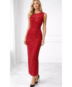 Maxi Κόκκινο Φόρεμα με Παγιέτες & Διαφάνεια στο Ντεκολτέ