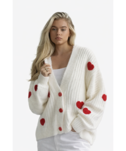 Ζακέτα Πλεκτή Λευκή με Κόκκινες Καρδιές