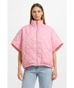 Ροζ Καπιτονέ Oversized Jacket με Κοντό Μανίκι