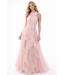 Ρομαντικό Maxi Φόρεμα με Βολάν & Διακοσμητικό Λουλούδι