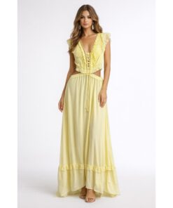 Μάξι Φόρεμα με Δαντέλα & Δέσιμο – Κίτρινο Παστέλ