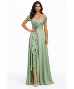Maxi Φόρεμα Off-Shoulder με Draped Σχέδιο & Floral Λεπτομέρεια
