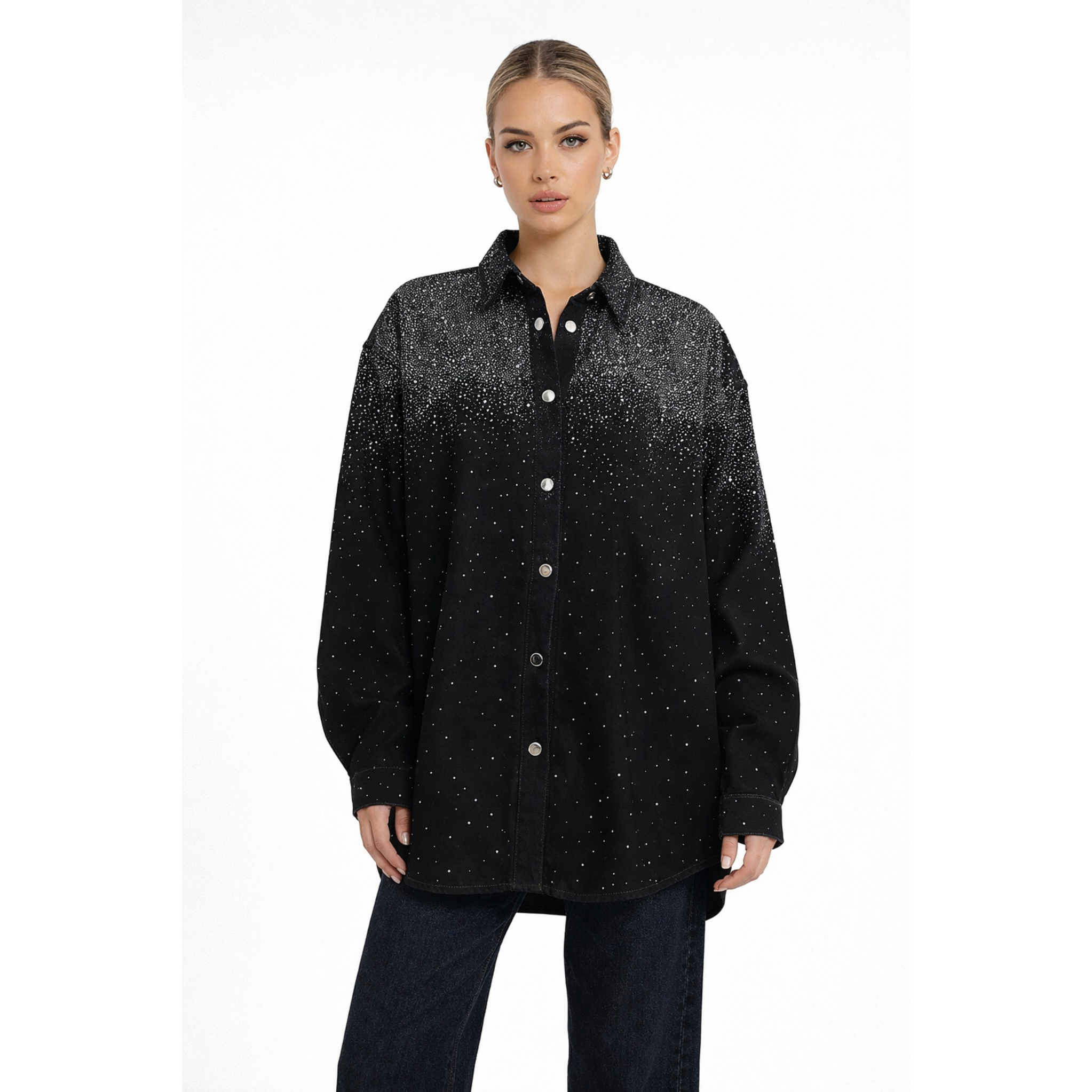 Oversized Τζιν Τζάκετ με Strass Σε Σκούρο Μπλε