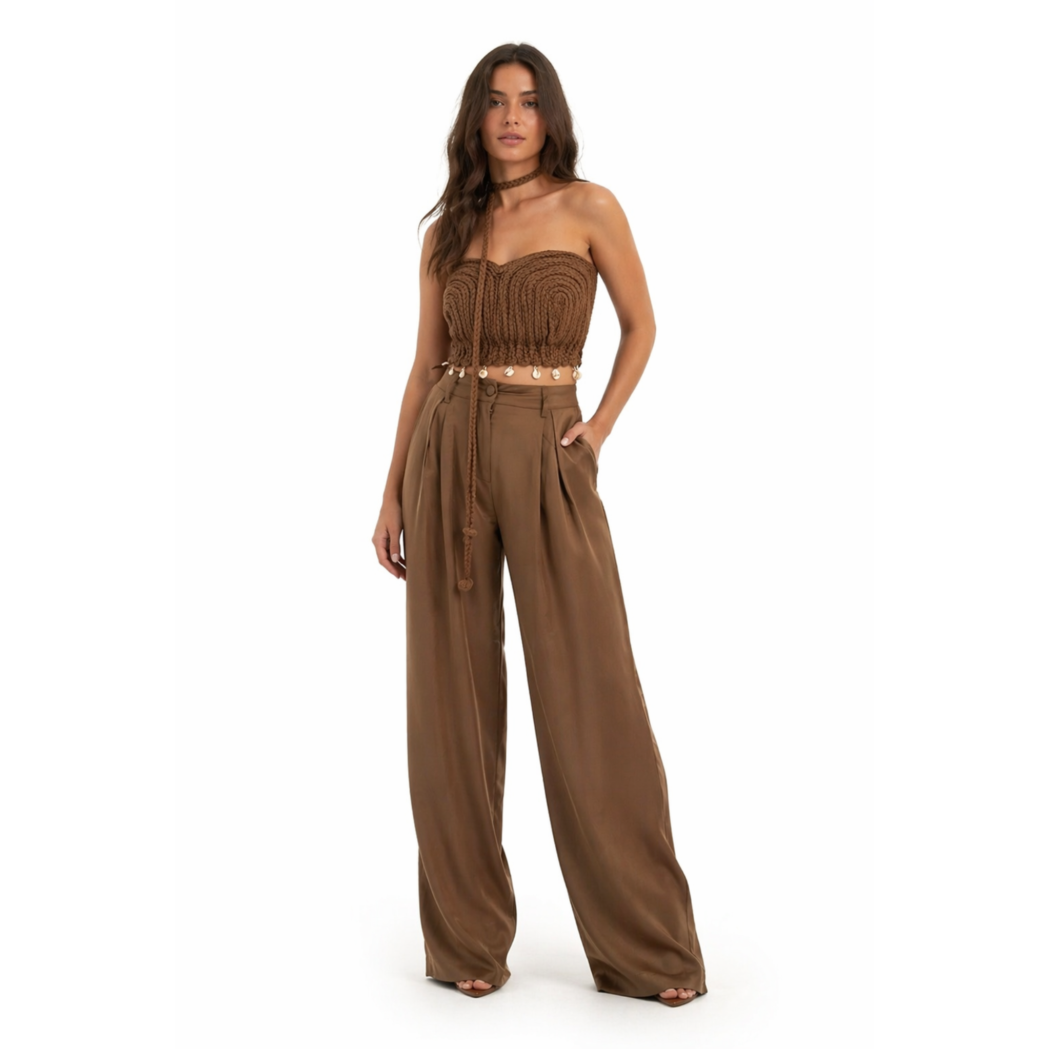 Boho Chic Σετ με Πλεκτό Μπούστο & Ψηλόμεσο Σατέν Παντελόνι