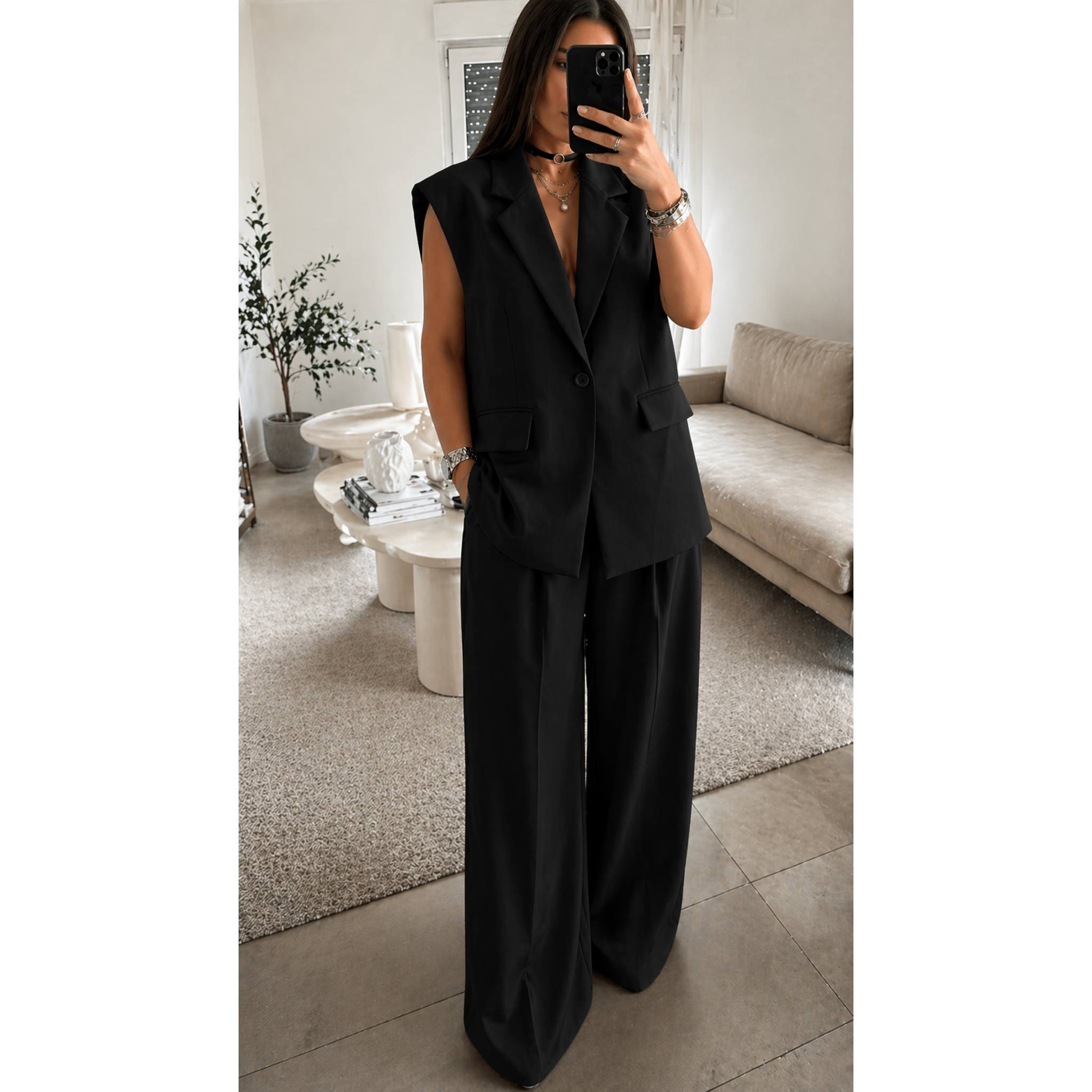 Plus Size Κοστούμι με Γιλέκο & Ψηλόμεσο Παντελόνι