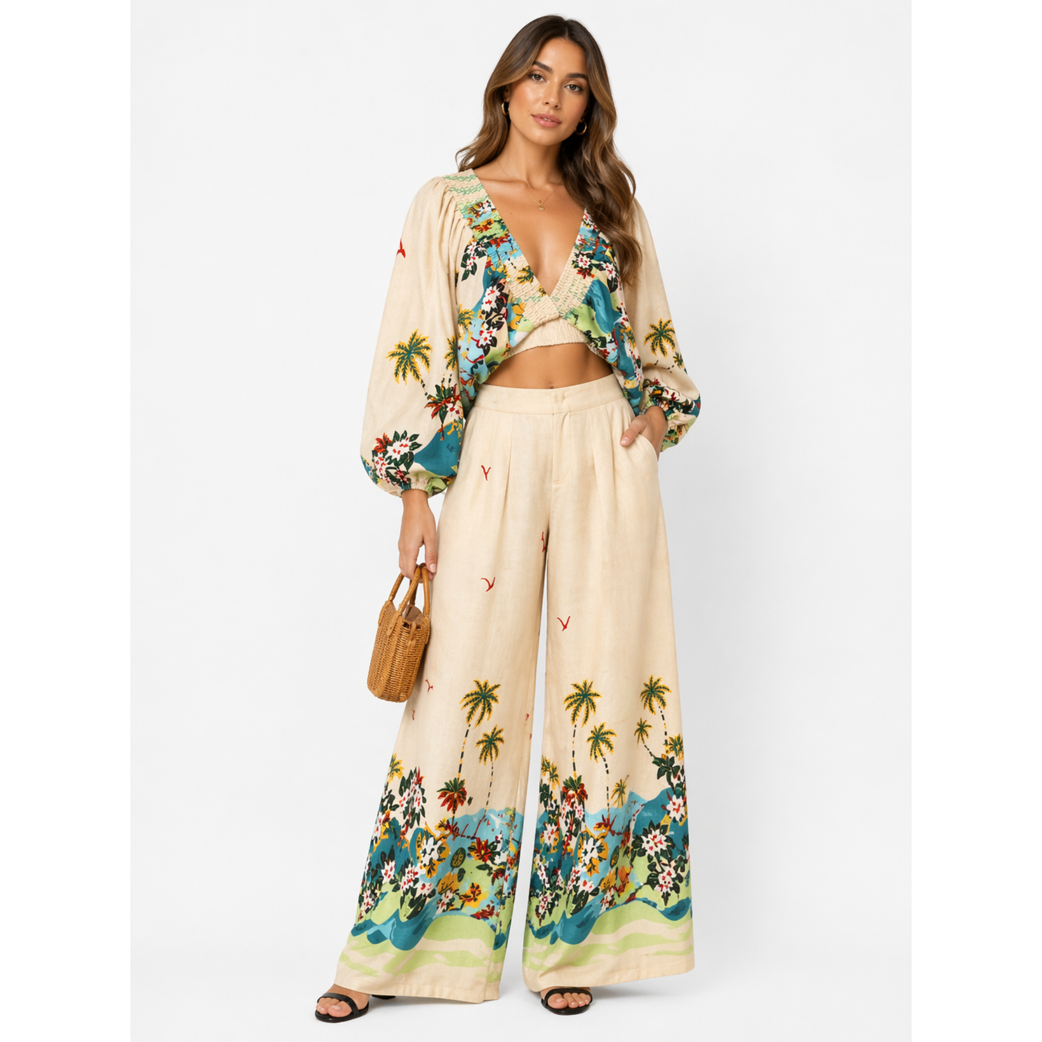 Boho Σετ με Crop Top & Maxi Παντελόνι – Tropical Print