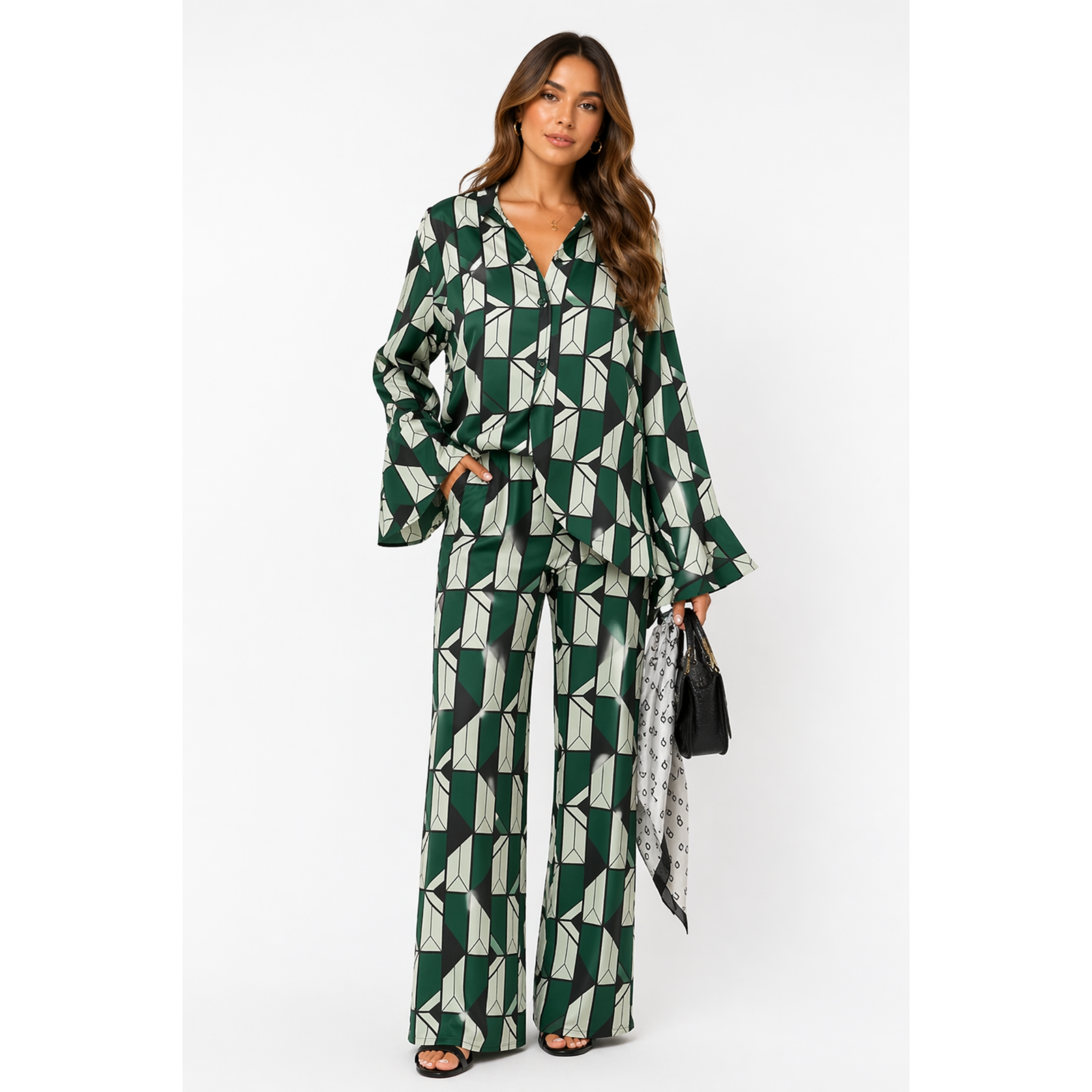 Elegant Geometric Print Set με Καμπάνα Μανίκια & Ψηλόμέσο Παντελόνι