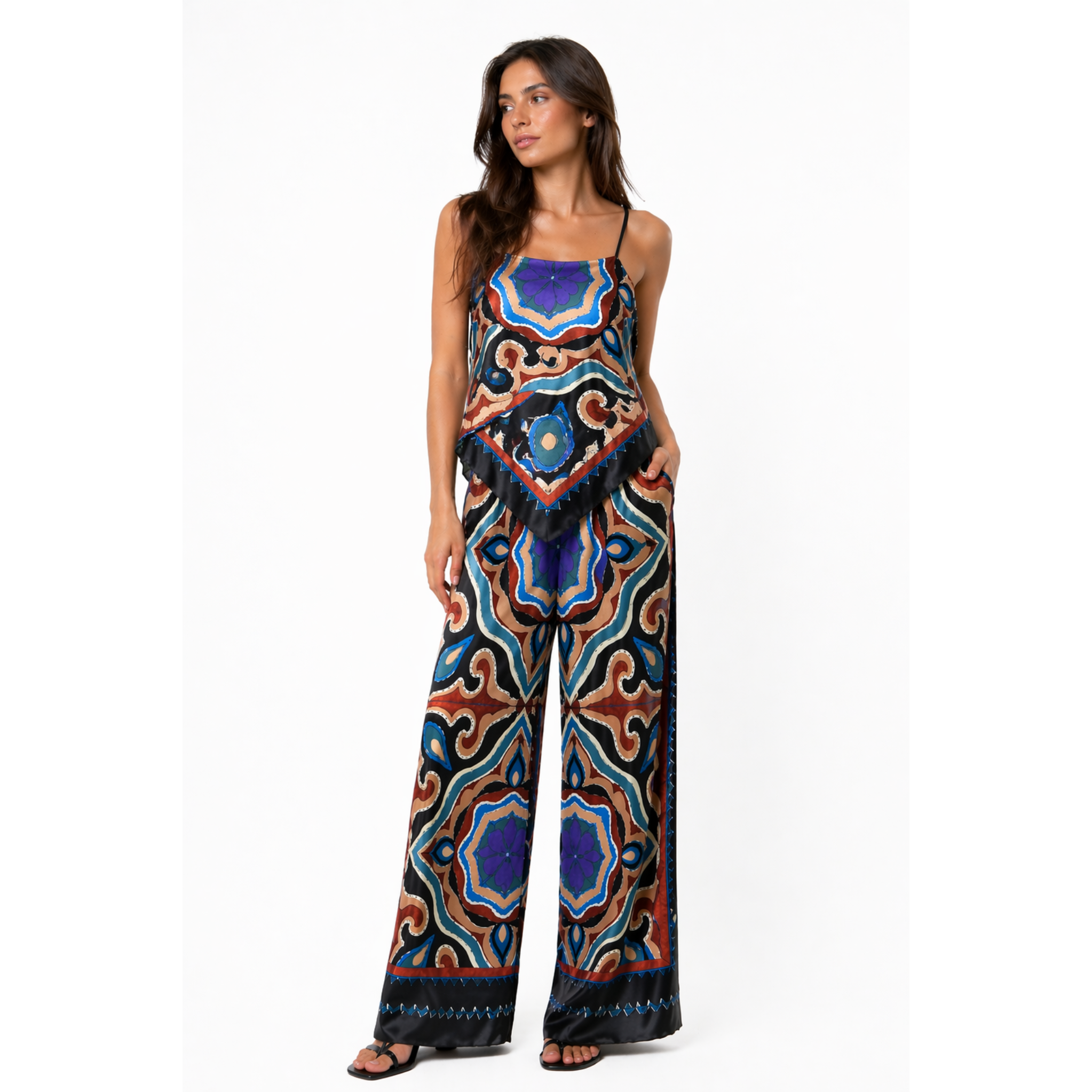 Boho Εμπριμέ Σατέν Σετ με Παντελόνα & Top Μαντήλι
