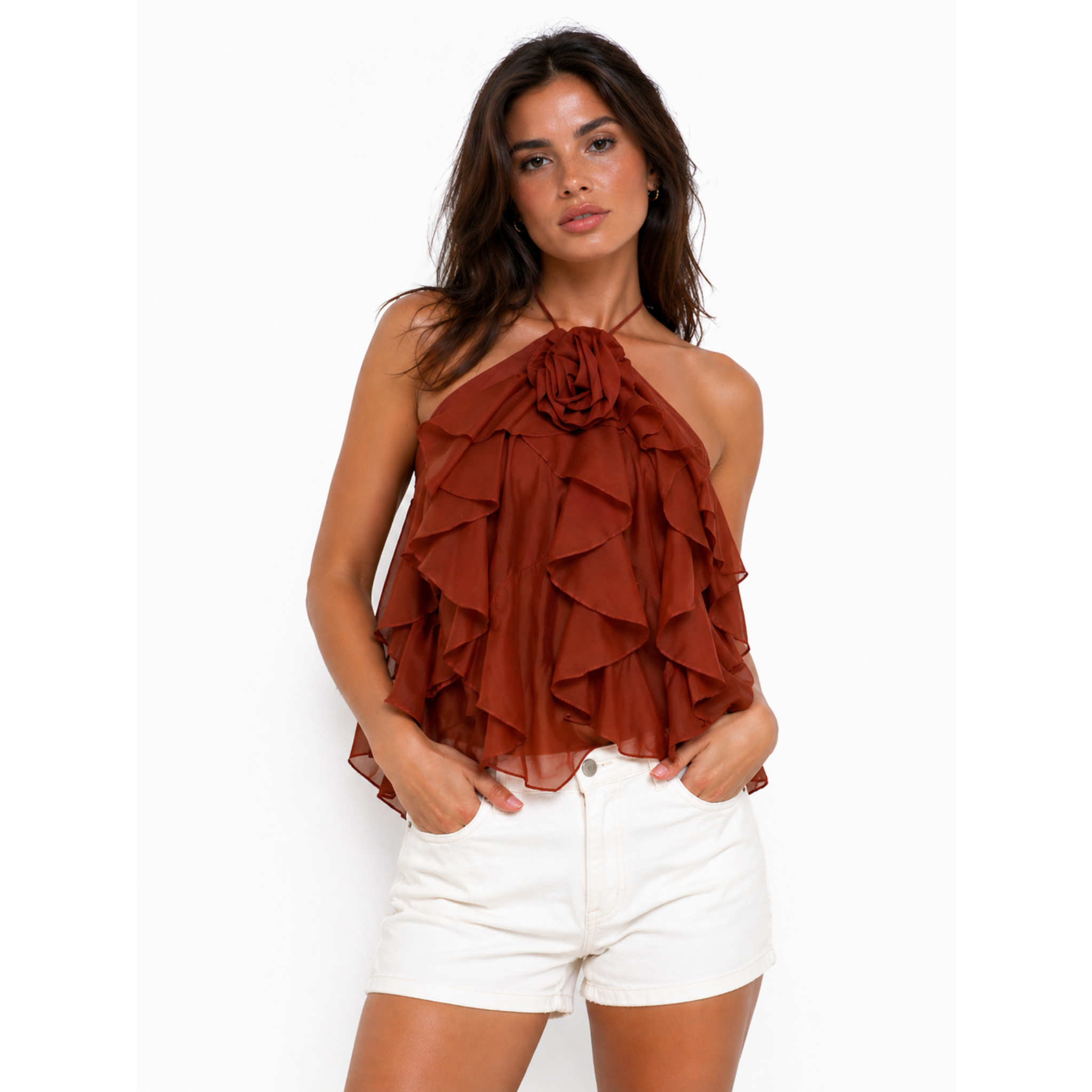 Σιφόν Halter Top με Βολάν & Διακοσμητικό Λουλούδι
