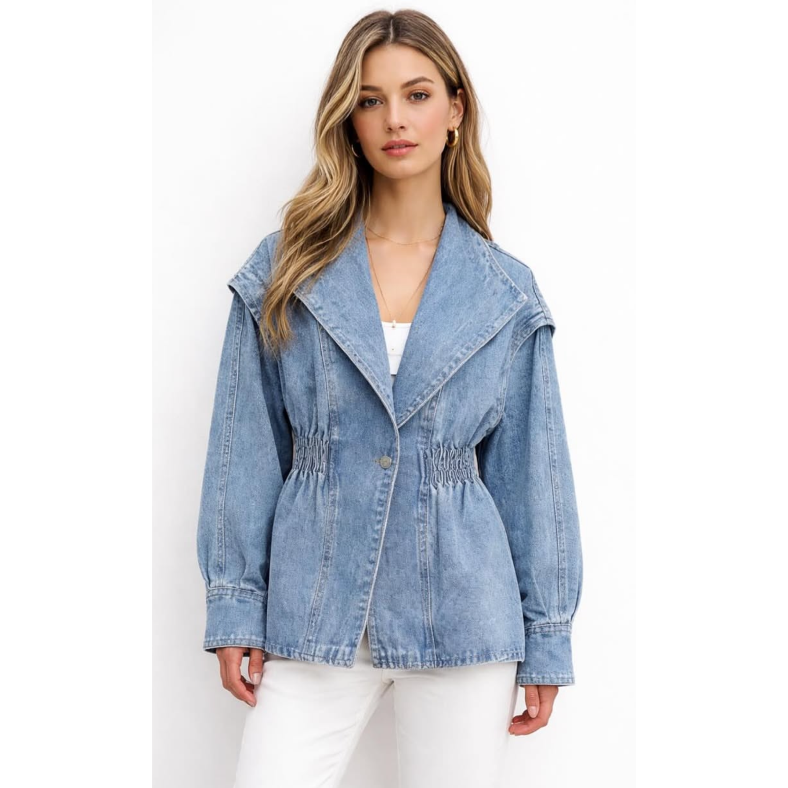 Oversized Τζιν Jacket με Λάστιχο στη Μέση