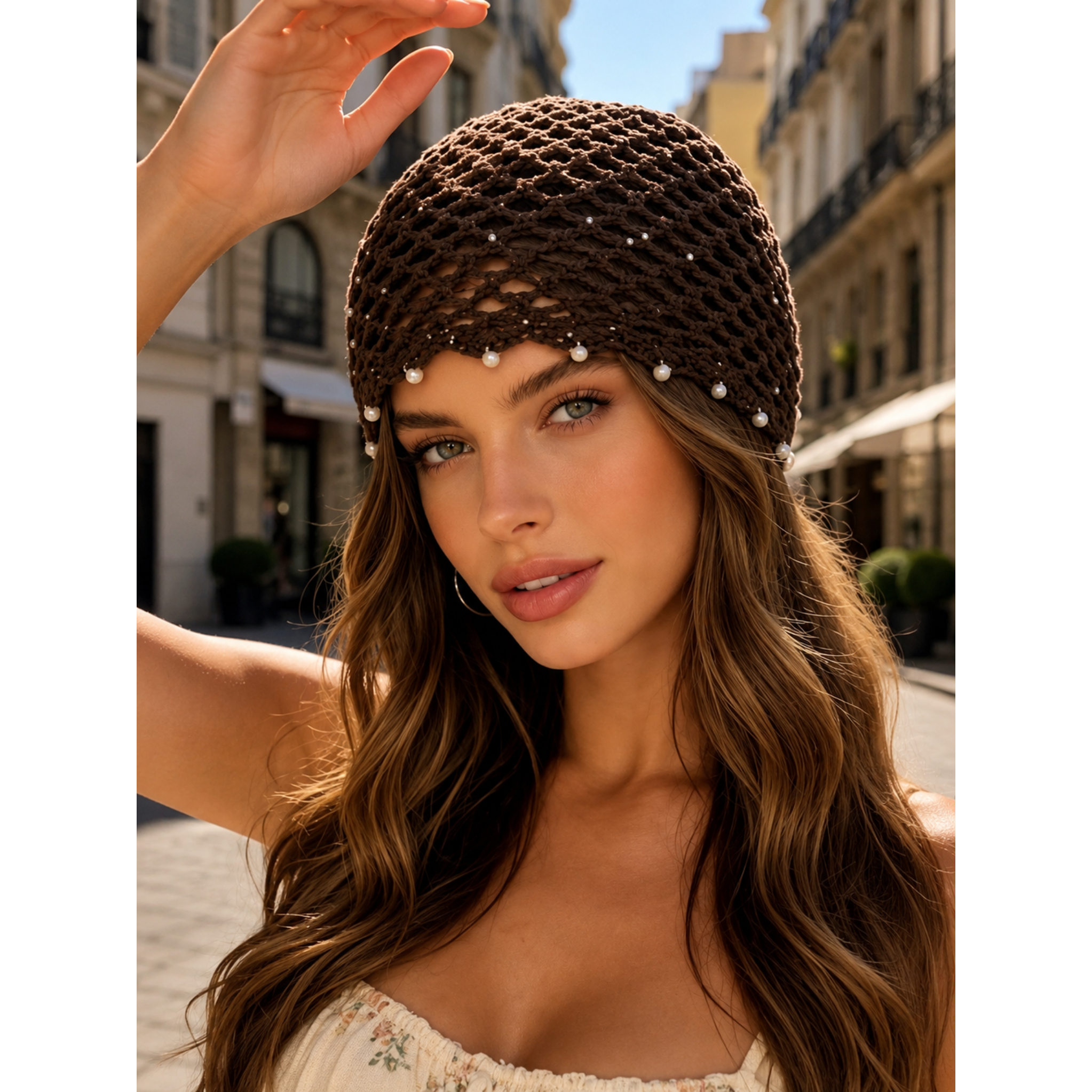 Καφέ Crochet Boho Σκουφάκι με Πέρλες