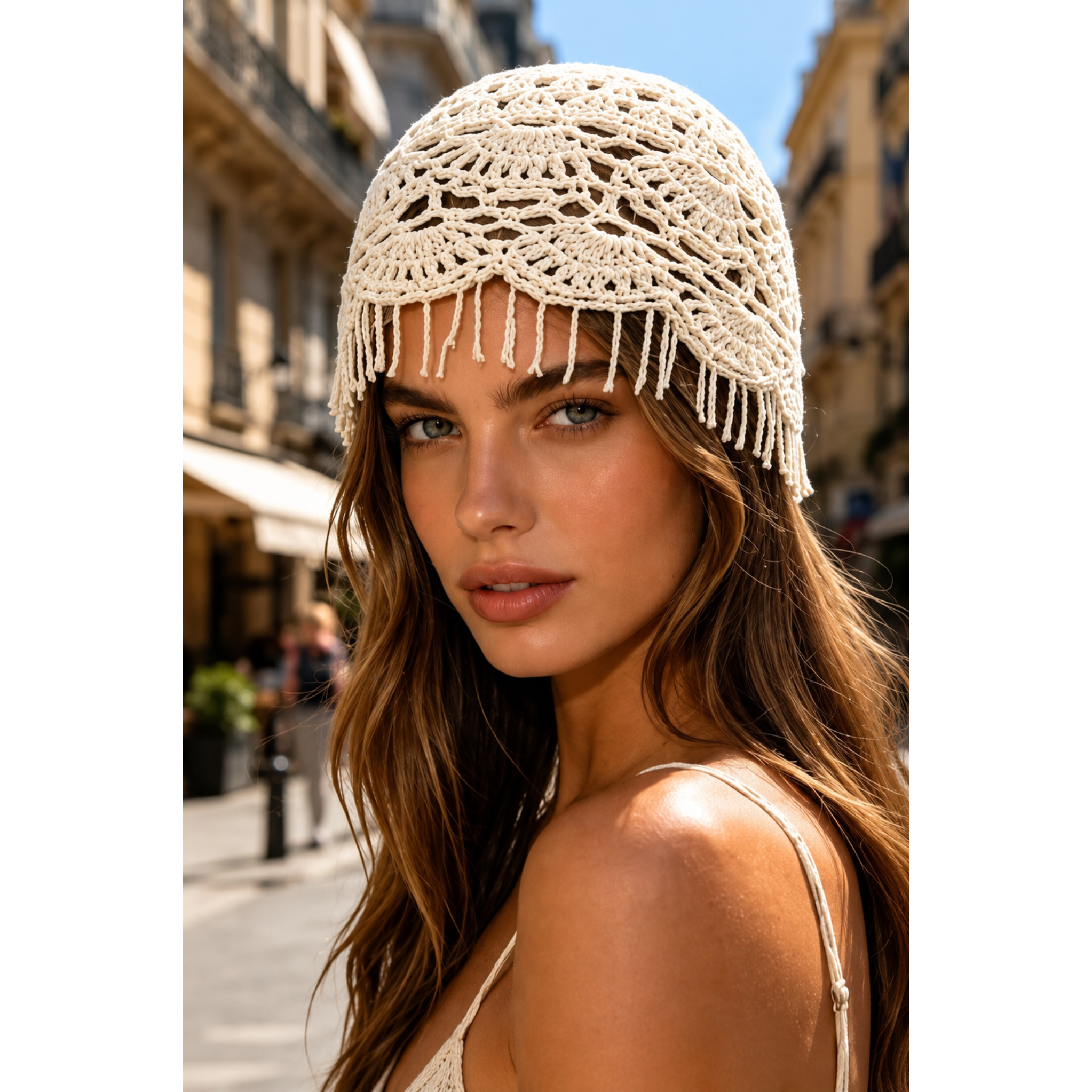 Εκρού Crochet Boho Σκουφάκι με Χάντρες