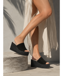 Boho Chic Μαύρες Πλατφόρμες με Εντυπωσιακό Ψάθινο Τακούνι