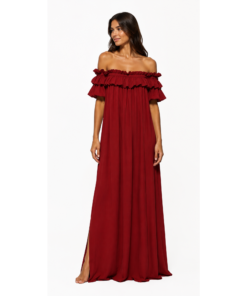 Μακρύ Off-Shoulder Φόρεμα με Βολάν σε Κεραμίδι