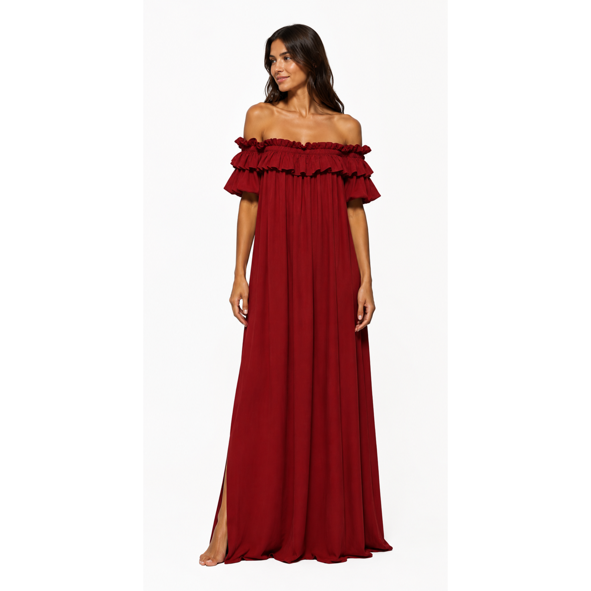 Μακρύ Off-Shoulder Φόρεμα με Βολάν σε Κεραμίδι