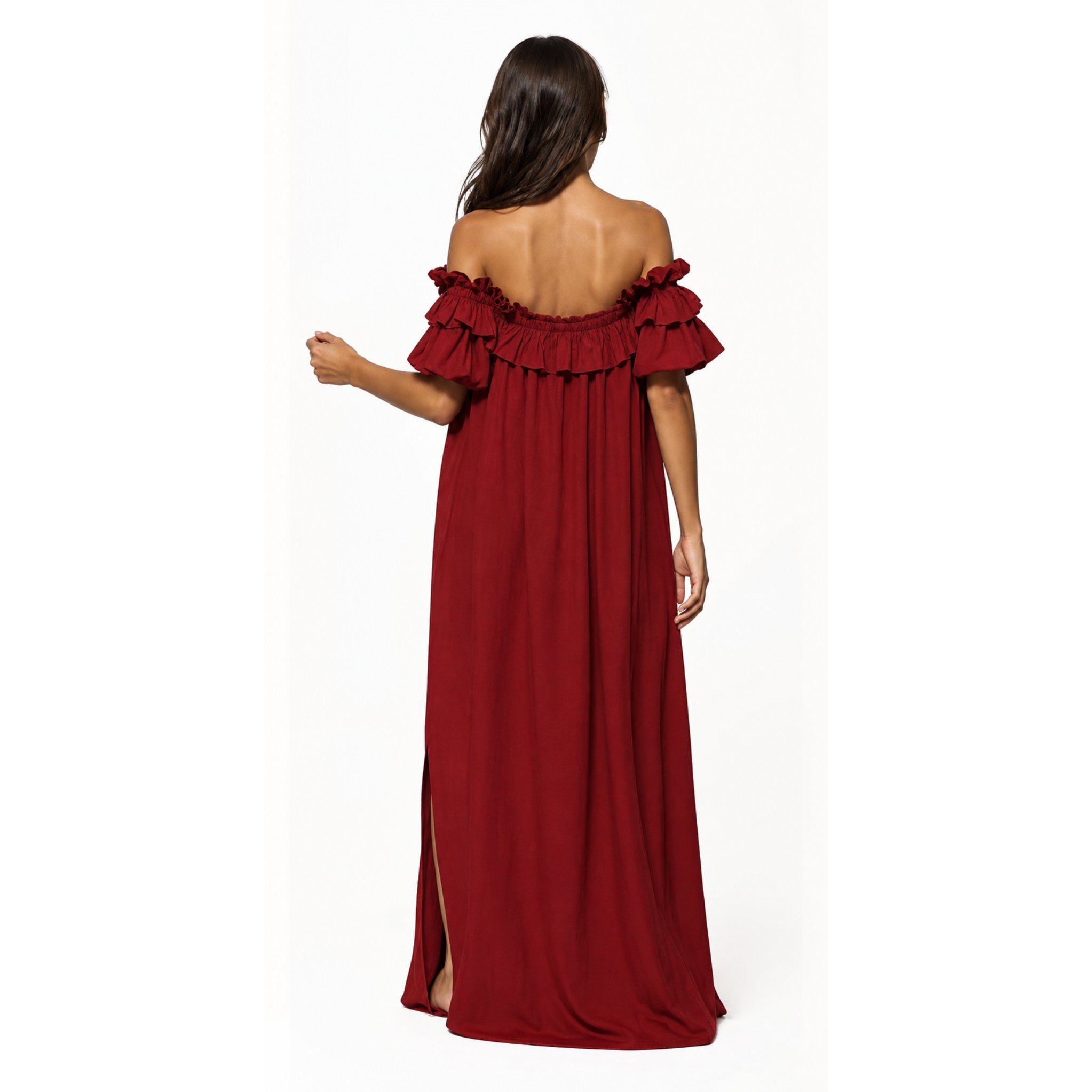 Μακρύ Off-Shoulder Φόρεμα με Βολάν σε Κεραμίδι - Image 2