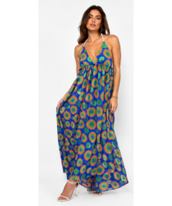 Maxi Φόρεμα Εξώπλατο με Floral Print σε Μπλε Ηλεκτρίκ