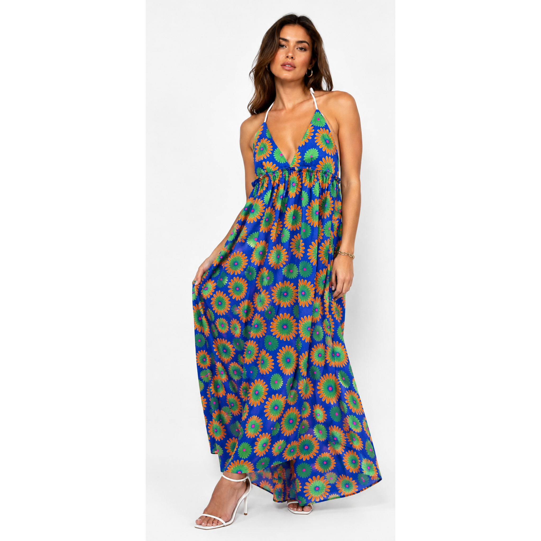 Maxi Φόρεμα Εξώπλατο με Floral Print σε Μπλε Ηλεκτρίκ